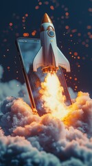 Poster - A colorful rocket blasting off from a smartphone, surrounded by clouds, capturing the whimsical nature of technology exuding innovation and inviting exploration into the unknown.