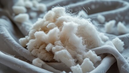 Poster - Fluffy white cotton fibers scattered on soft gray fabric with a focus on texture and detail Copy Space