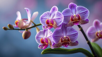 Poster - Pink and purple orchids with soft focus background and natural light enhancing details of petals Copy Space
