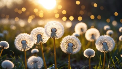 Poster - dandelion flowers in sunset light with bokeh effect creating a soft background and clear foreground,