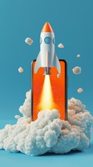 Poster - A colorful rocket ascends from the screen of a smartphone, enveloped in clouds, symbolizing technological advancement and human imagination in a playful way.