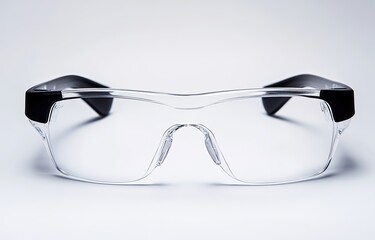 Close-up view of protective glasses with a black plastic frame isolated on a white floor