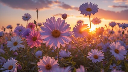 Poster - field of daisies at sunset with vibrant colors and soft focus background, floral landscape with warm
