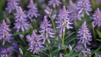 Poster - purple flowering plants with green leaves in a natural setting suitable for background use and copy 