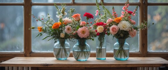 Poster - Colorful floral arrangements in glass vases on wooden table with natural light from windows copy space