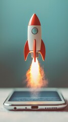 Poster - An abstract image of a rocket being powered from a smartphone, illustrating the intersection of technology and creativity through smoke and vibrant visuals.