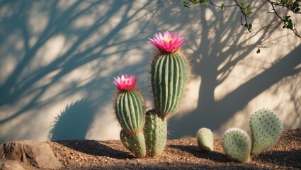 Poster - cacti with pink flowers casting shadows on a wall in natural sunlight with rocky ground and smaller 