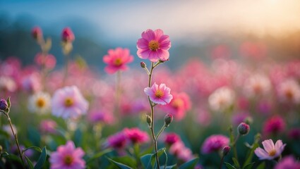 Poster - Pink flowers in a lush field during sunrise, blurred background with soft light, vibrant colors and natural setting, Copy Space available