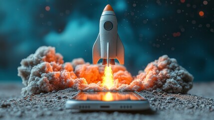Poster - A dynamic artwork showing a rocket launching from a mobile screen, engulfed in smoke and flames, depicting the thrill of innovation and the evolution of technology.