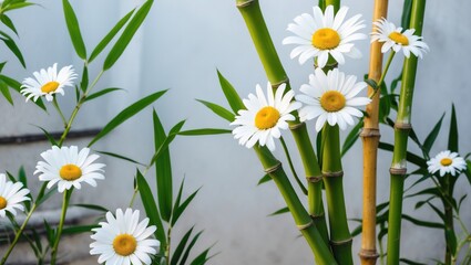 Poster - fresh white daisies with yellow centers growing alongside green bamboo stalks against a light backgr