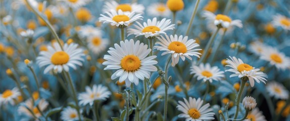 Poster - field of white daisies with yellow centers under soft natural light selective focus on flowers with 