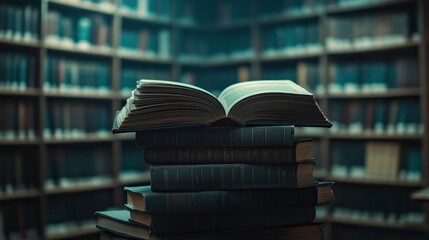 A stack of books with an open book on top, with a blurred background of shelves in a library or school. This high-resolution photo is the winner of a stock photo contest.