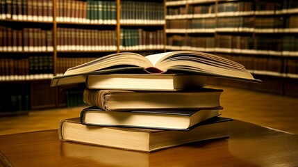 A stack of books with an open book on top, with a blurred background of shelves in a library or school. This high-resolution photo is the winner of a stock photo contest.