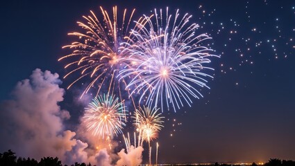 Poster - Colorful fireworks display in night sky with smoke and bright bursts of light, suitable for celebrations and festivities, Copy Space