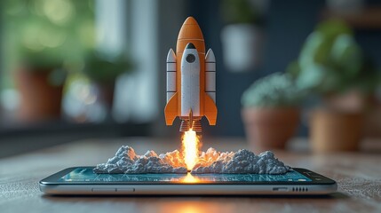 Poster - A trendy rocket takes flight from a smartphone, surrounded by cloud-like visuals, embodying creativity and the boundless possibilities of technology in a modern context.