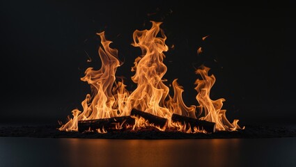 Poster - flames of fire burning logs on dark background with high contrast and focus on fire detail copy spac