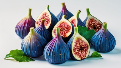 Poster - fresh harvested figs on white background with cut figs displaying intricate interior patterns and gr