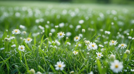 Poster - daisies and green grass in a meadow with soft-focus background and ample copy space for text placeme