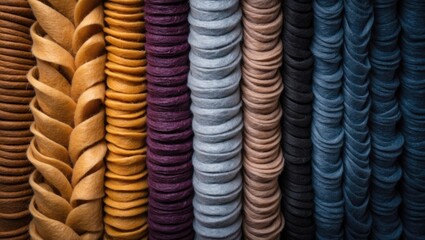 Poster - Colored felt fabric rolls arranged in vertical rows showcasing various textures and shades with ample Copy Space for text insertion