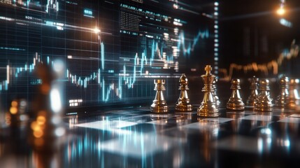 Stock exchange and investing strategy concept with golden and silver chessmen and digital virtual screen with financial chart candlestick and diagram on blurred background. 3D rendering