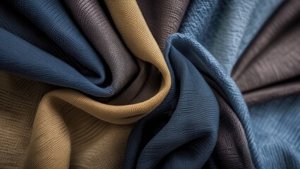 Poster - Textured fabric in various muted colors including blue, beige, and gray arranged in folds with depth and dimension, Copy Space