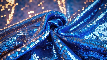Poster - Shiny blue sequin fabric with intricate texture and soft folds illuminated by vibrant lighting decorative background Copy Space
