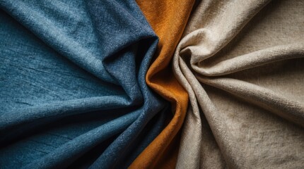 Poster - Textured fabric in blue, orange, and beige colors arranged in folds with visible fibers and shadows suitable for background use. Copy Space