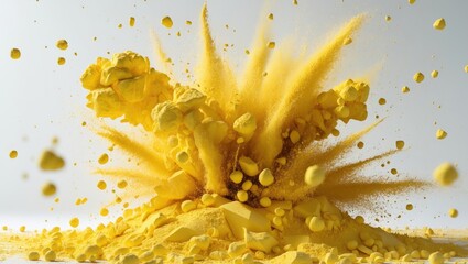 Poster - Yellow powder explosion with particles dispersing in all directions against a light background. Dynamic motion and texture with ample copy space.