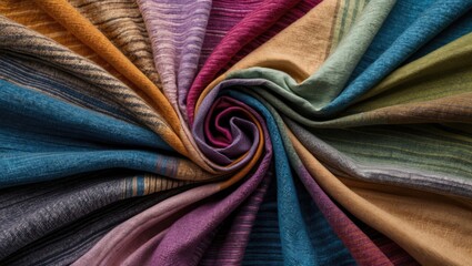 Poster - colorful textile fabric conformed in a spiral pattern showcasing various hues and textures ideal for