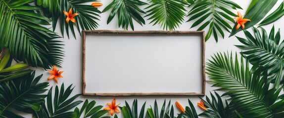 Poster - Tropical leaves and flowers framing a blank wooden picture frame on a white background with copy space.