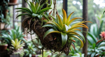 Poster - hanging bromeliads with vibrant green and yellow leaves in a lush garden setting with natural light 
