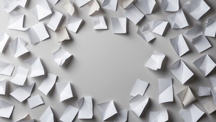 Poster - Abstract composition of white folded paper in a circular arrangement on a gray background with copy space in the center for text or graphics