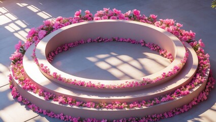 Poster - Circular floral arrangement with pink flowers on decorative platform in bright light setting with soft shadows and ample copy space