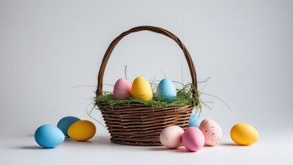 Wall Mural - Colorful Easter eggs in a wicker basket with grass, arranged on a light background, decorative Easter theme with Copy Space.