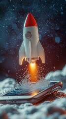 Poster - A vivid rocket launches from a smartphone surrounded by cosmic elements, blending technology with imagination in a surreal and creative visual representation.
