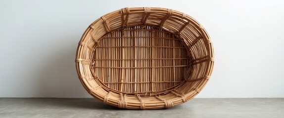 Poster - Woven wicker basket on a concrete surface with a plain white background showcasing texture and design with Copy Space