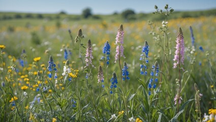 Wall Mural - Wildflower meadow with various colorful flowers including blue and pink spikes in a lush green field under clear skies. Copy Space