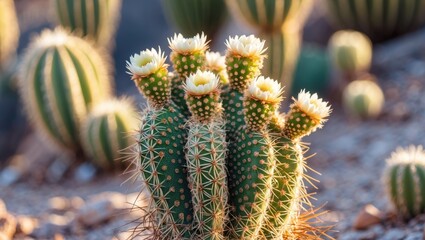 Poster - Cactus plant with white flowers on spines in desert landscape with blurred background and natural sunlight Copy Space