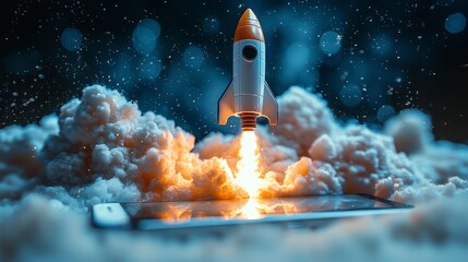 Poster - This striking image captures a rocket bursting from a smartphone, creating a dynamic visual of technology intertwining with dreams and cloud-like landscapes.
