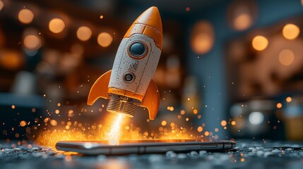 Poster - A captivating scene showcasing a rocket launching from a smartphone on a textured surface, radiating sparks and energy in a dramatically lit, artistic background.