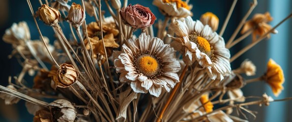 Poster - dried flower bouquet arrangement with various species and textures on a blurred background copy spac