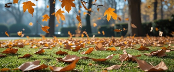 Poster - fallen autumn leaves in a park with blurred trees in the background nature landscape with copy space