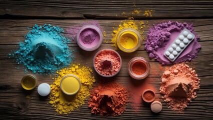 Poster - Colorful powdered pigments and containers arranged on a wooden surface with copy space for text insertion