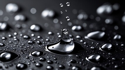Poster - water droplets on a dark surface with a single droplet creating ripples and reflections copy space