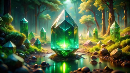 Poster - Surreal Emerald Crystal: Glowing Accent Light in Mystical Setting