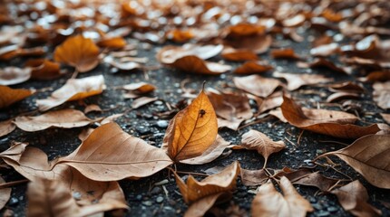 Poster - autumn leaves scattered on ground with blurred background showcasing various shades of brown and ora