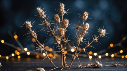 Poster - Dried thorny plants with blurred fairy lights background ornamental arrangement decorative botanical display