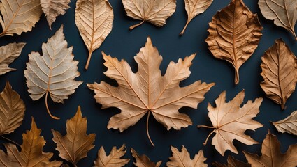 Poster - Assorted dried leaves arranged on a dark background with natural textures and colors Copy Space