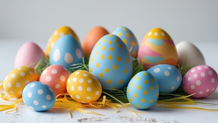 Poster - Colorful decorated Easter eggs arranged on a bed of straw with a light background providing ample Copy Space for text.