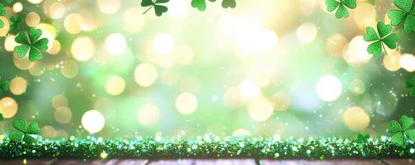 Wall Mural - A vibrant, green background adorned with shamrocks and sparkling lights, evoking a fresh, lively, and festive atmosphere.